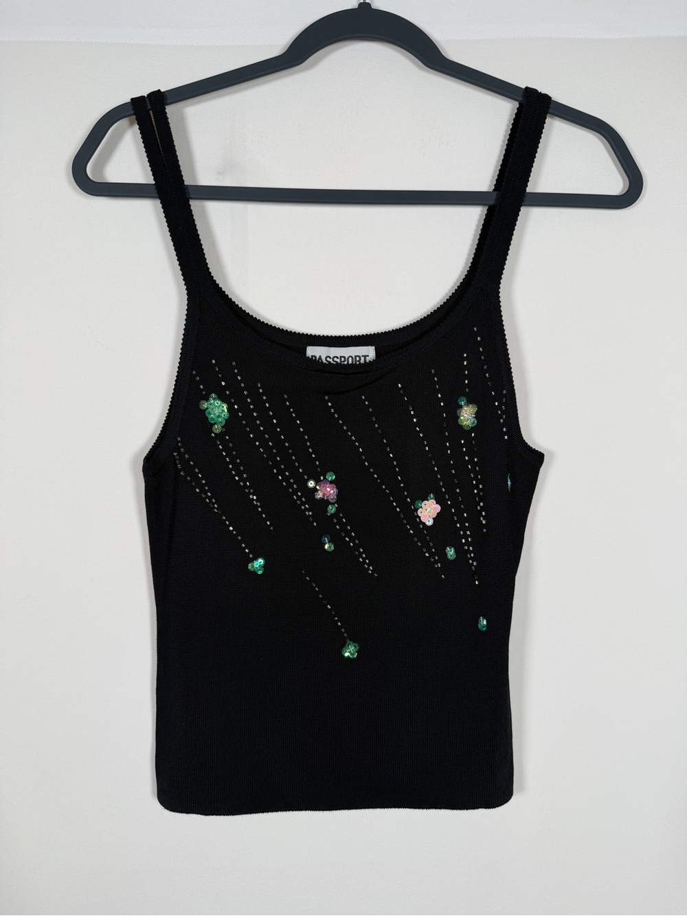 Vintage 90s Y2K Passport Black Tank Top with Beaded Floral Dark Feminine